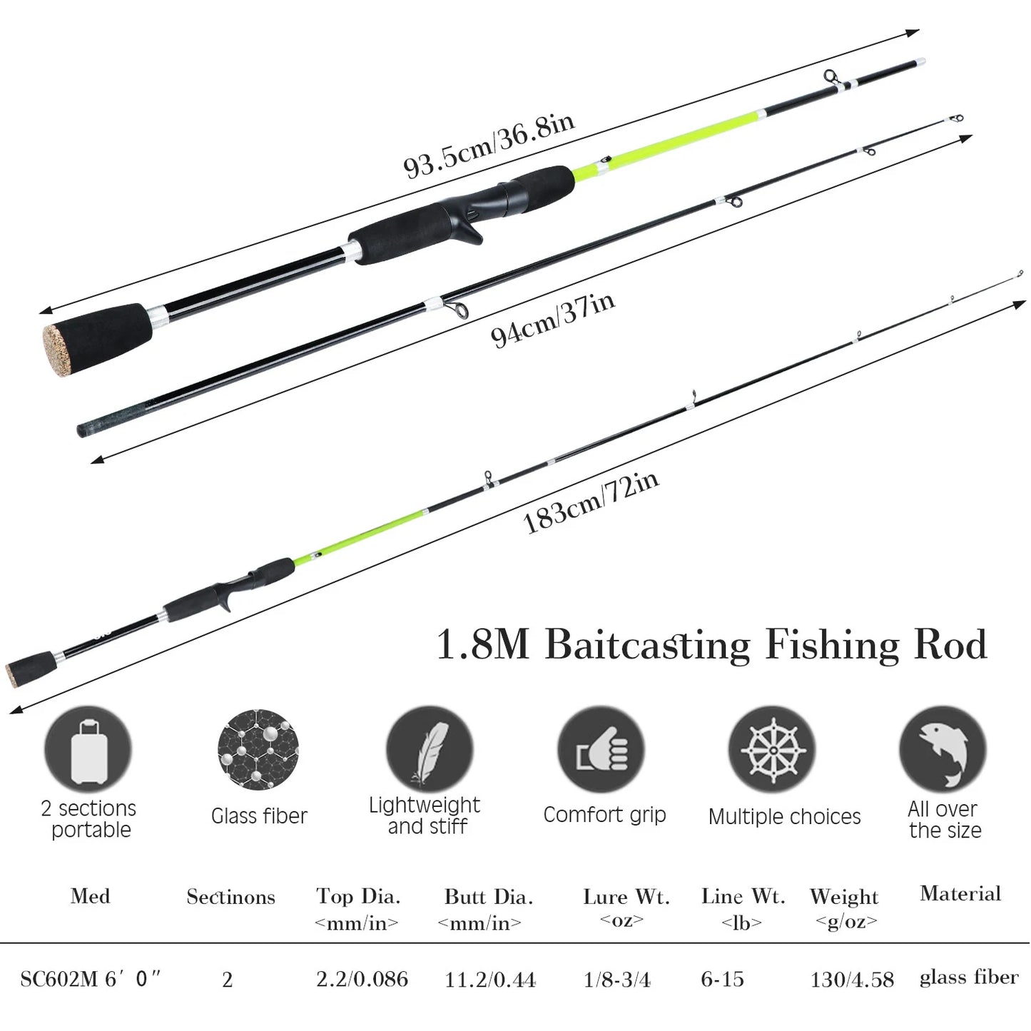 2 Sections 1.8m Spinning Fishing Rod