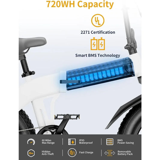 Electric Bike 1200W Peak, 720WH Battery